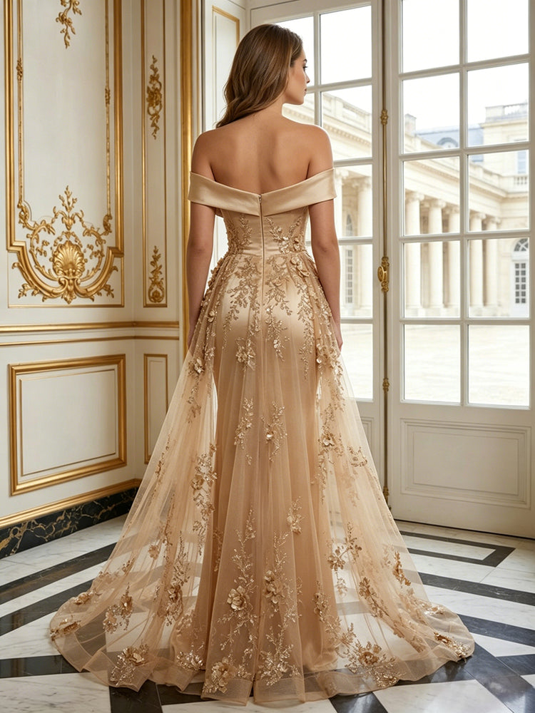 Satin Mermaid Off the Shoulder Long Evening Dresses with 3D Flowers
