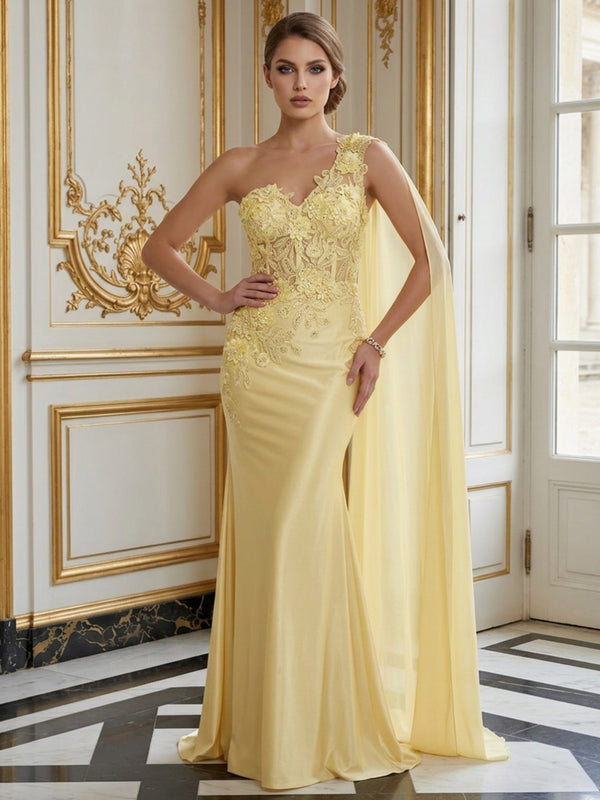 Satin Mermaid One Shoulder Long Evening Dresses with Applique