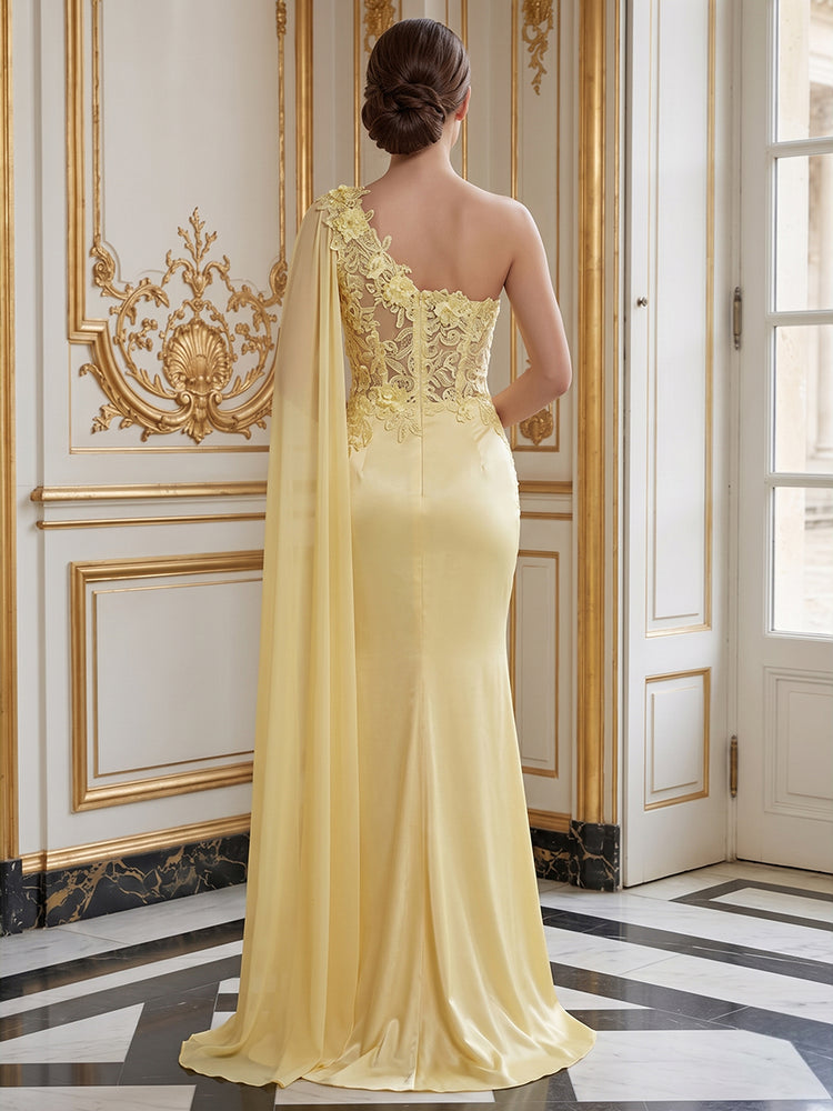 Satin Mermaid One Shoulder Long Evening Dresses with Applique
