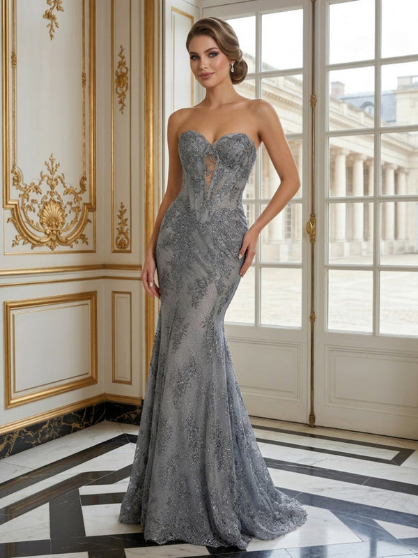 Tulle Mermaid Sweetheart Long Evening Dresses with Embroidery