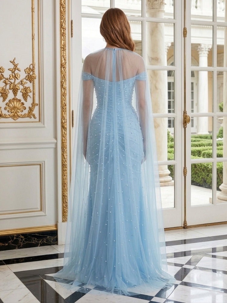 Tulle Mermaid Off the Shoulder Long Evening Dresses with Cape