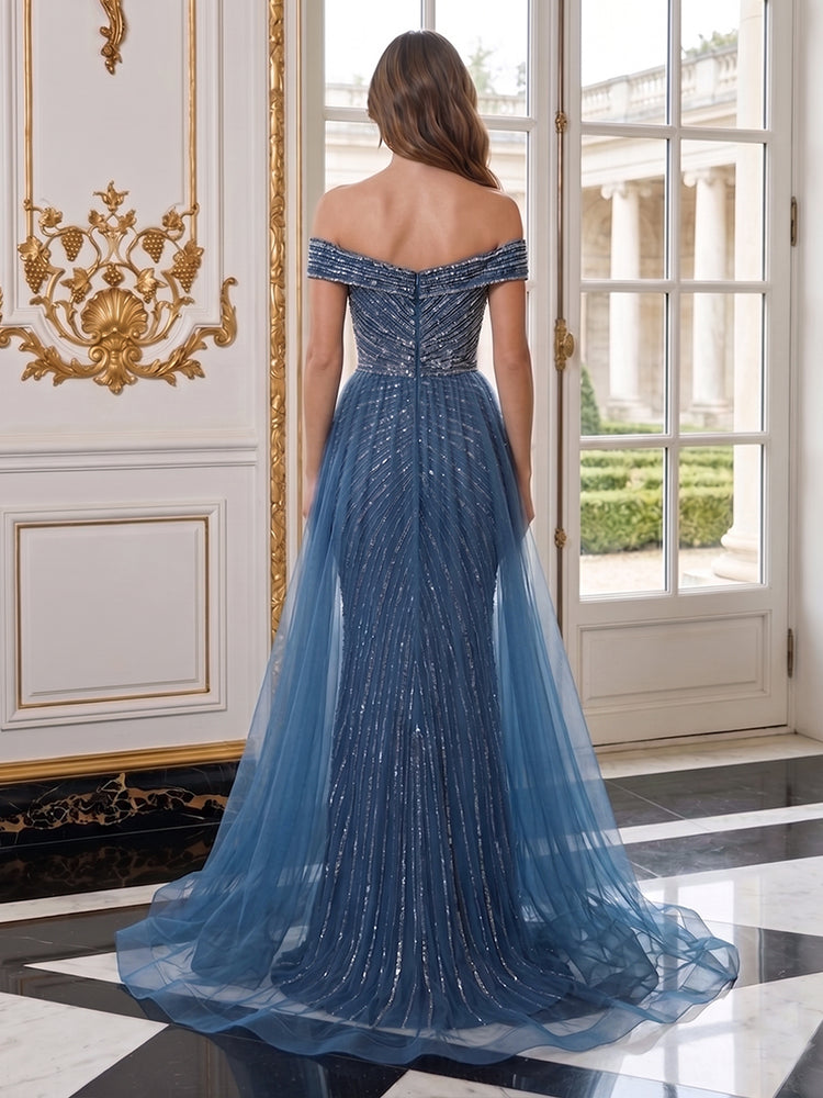 Tulle Mermaid Off the Shoulder Long Evening Dresses with Split Side