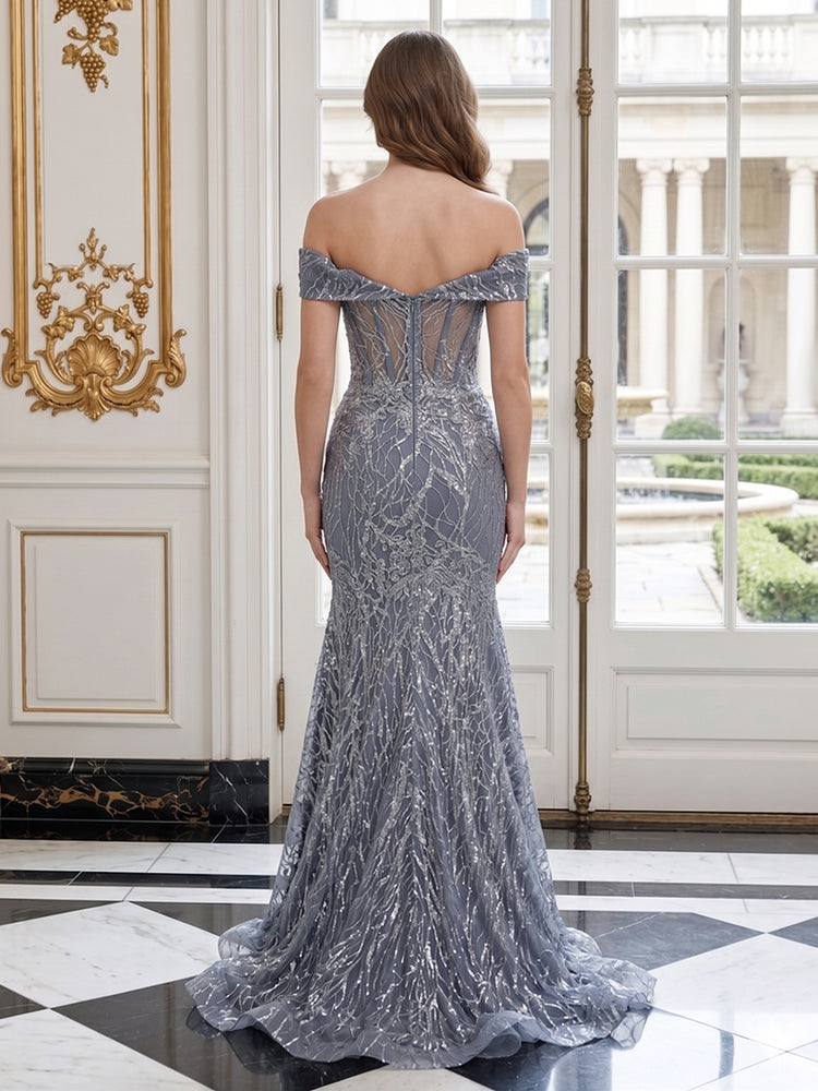 Tulle Mermaid Off the Shoulder Long Evening Dresses with Sequin