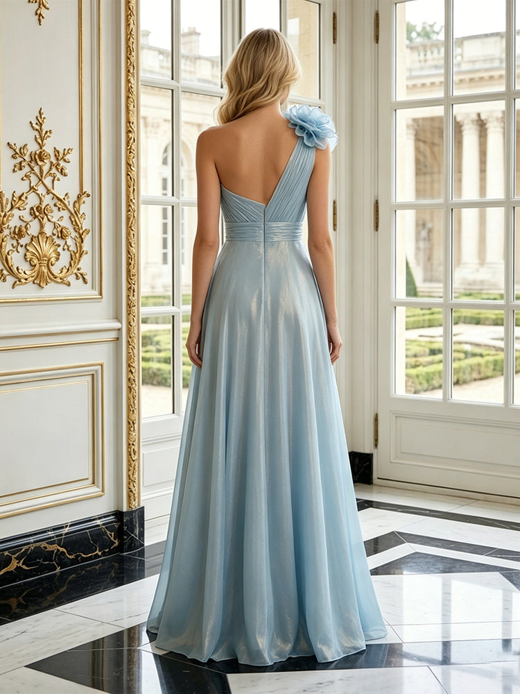 Metallic Satin A-Line One Shoulder Long Evening Dresses with 3D Flowers