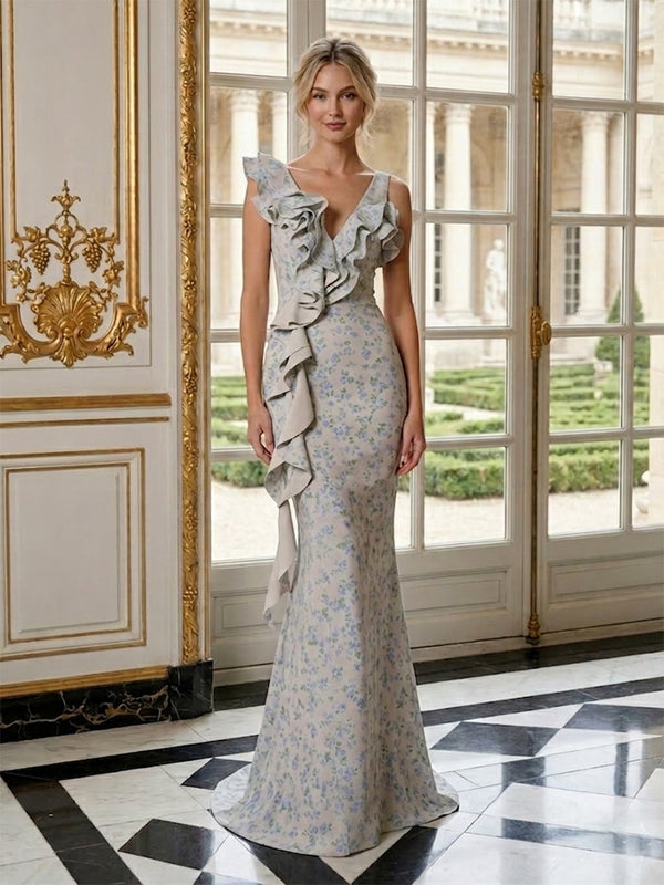 Floral Mermaid Asymmetric Neck Long Evening Dresses with Ruffles
