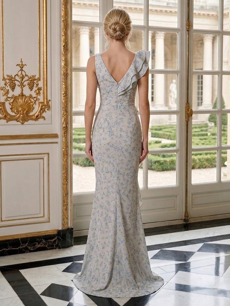Floral Mermaid Asymmetric Neck Long Evening Dresses with Ruffles