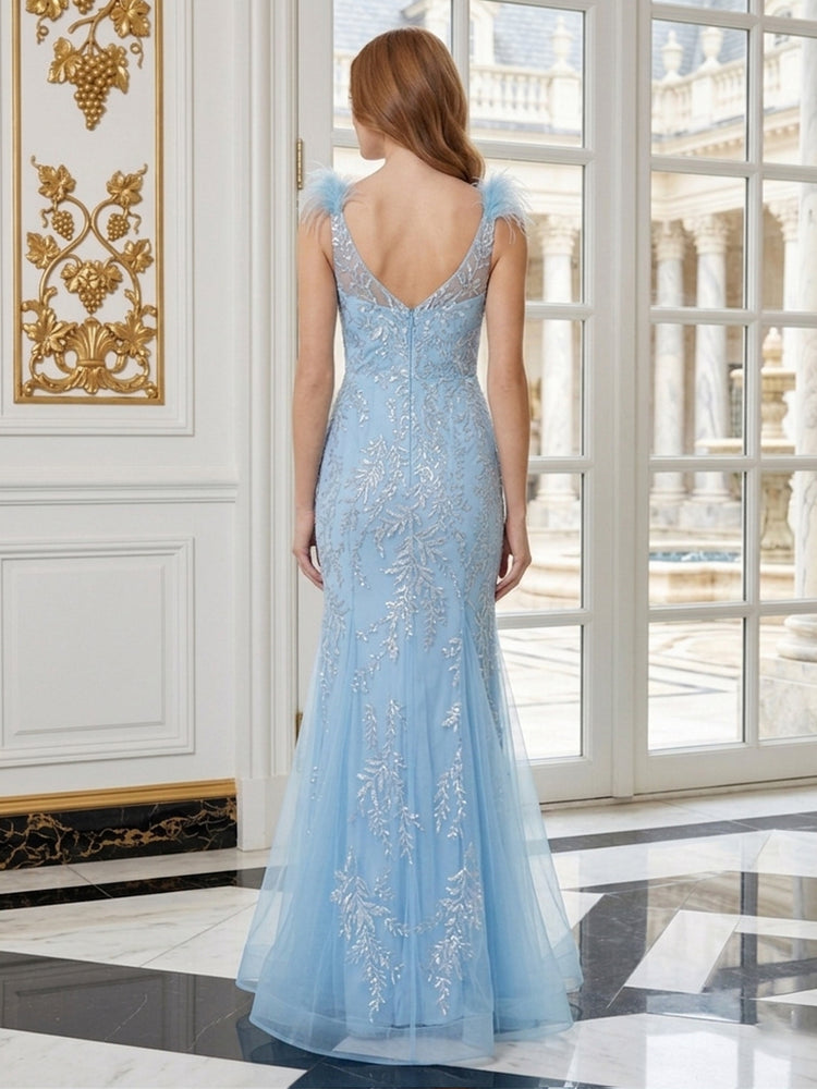 Tulle Mermaid Sweetheart Long Evening Dresses with Sequin Embroidery