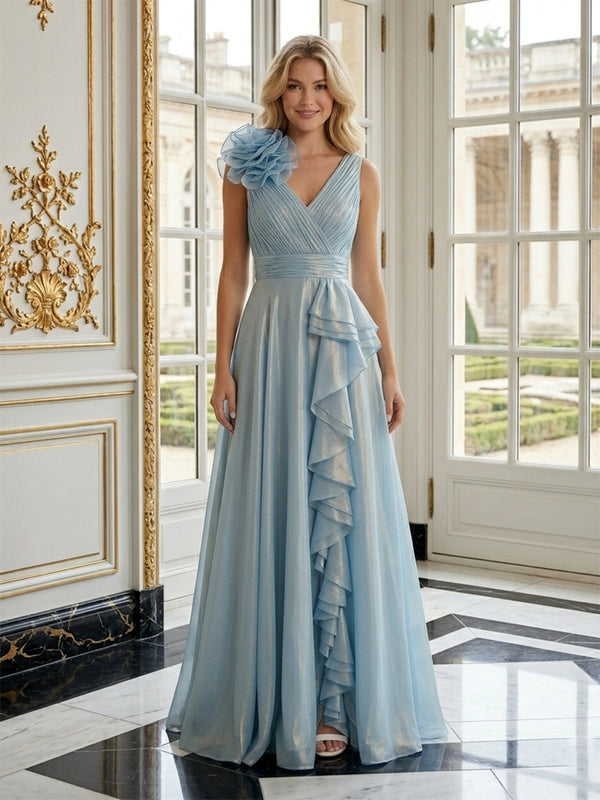 Metallic Satin A-Line V Neck Long Evening Dresses with 3D Flowers