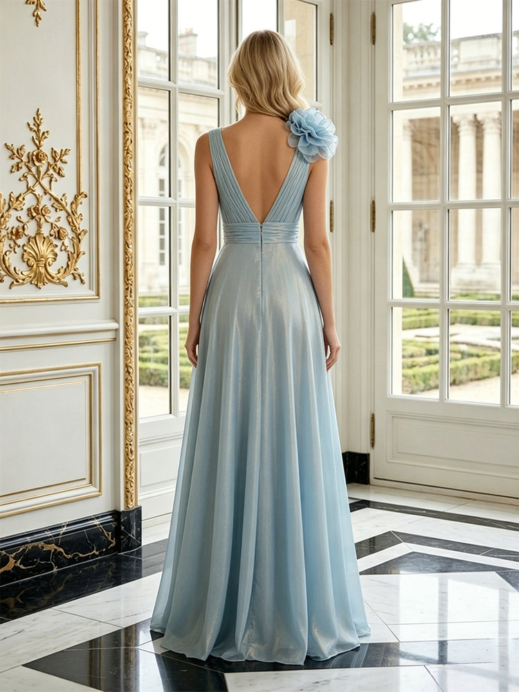 Metallic Satin A-Line V Neck Long Evening Dresses with 3D Flowers