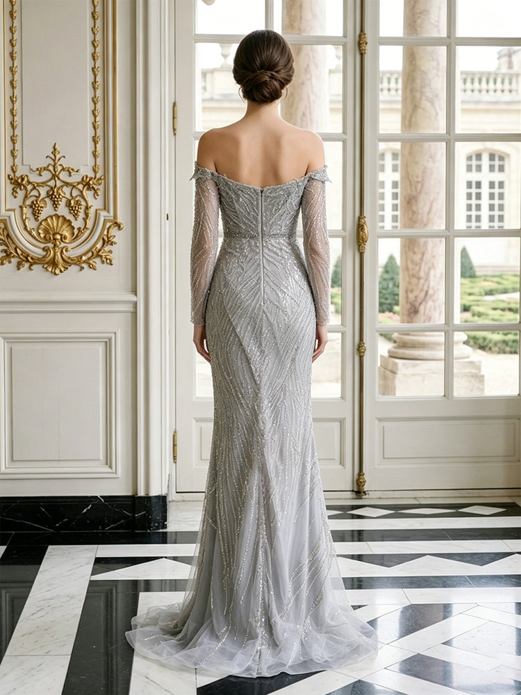 Tulle Mermaid Asymmetric Neck Long Evening Dresses with Split Side