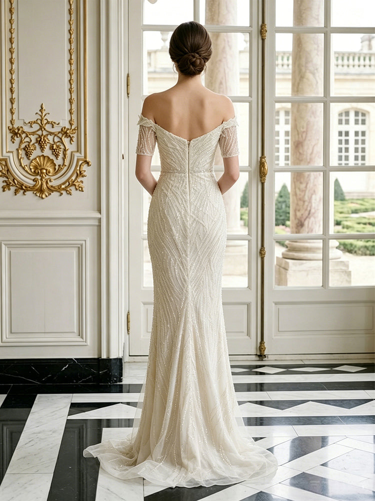 Tulle Mermaid Asymmetric Neck Long Evening Dresses with Split Side