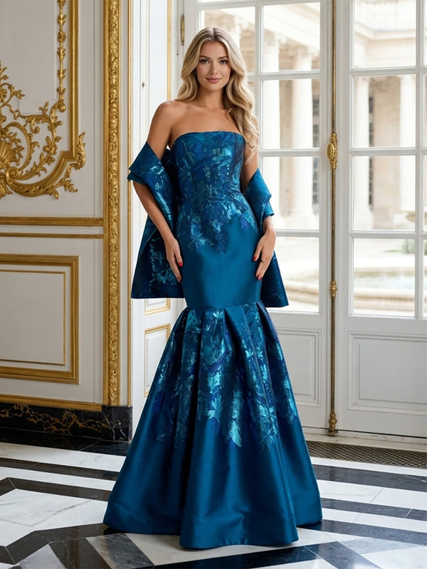 Jacquard Mermaid Strapless Long Evening Dresses with Pleats