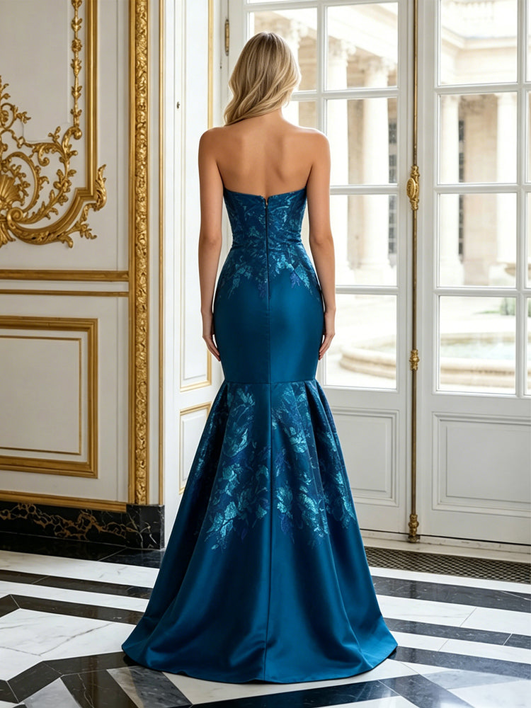 Jacquard Mermaid Strapless Long Evening Dresses with Pleats