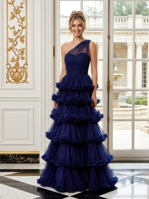 Tulle A-Line One Shoulder Long Evening Dresses with Tiered Ruffles