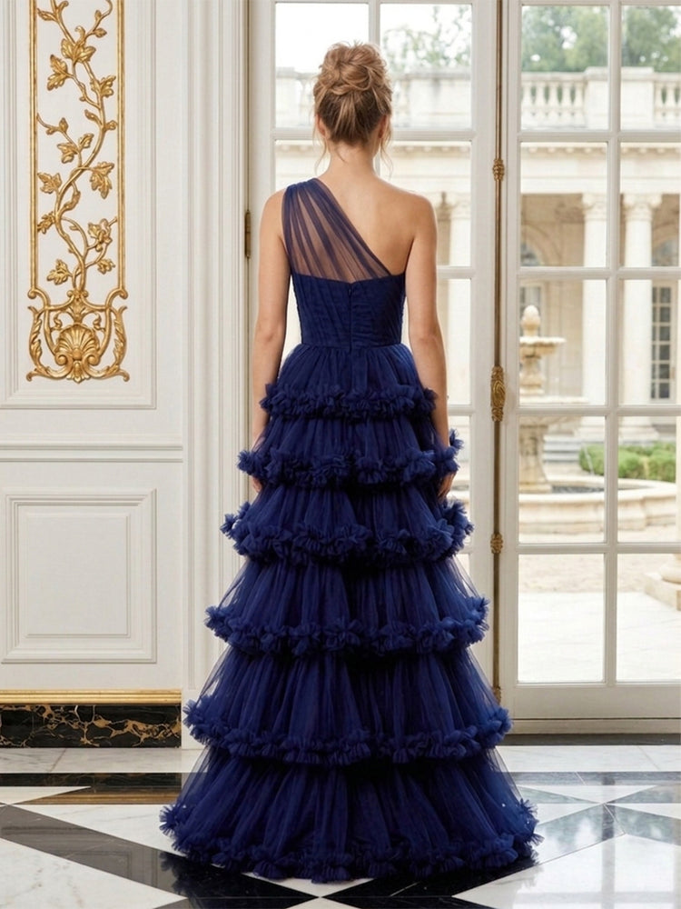 Tulle A-Line One Shoulder Long Evening Dresses with Tiered Ruffles