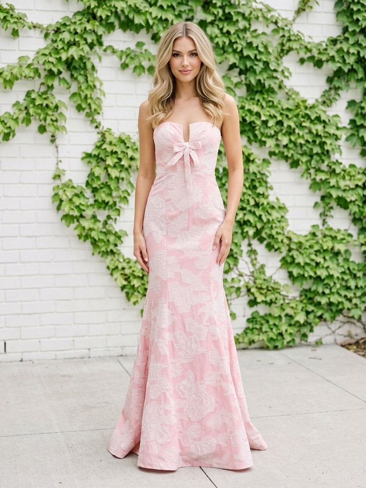 Jacquard Mermaid Strapless Long Evening Dresses with Bow