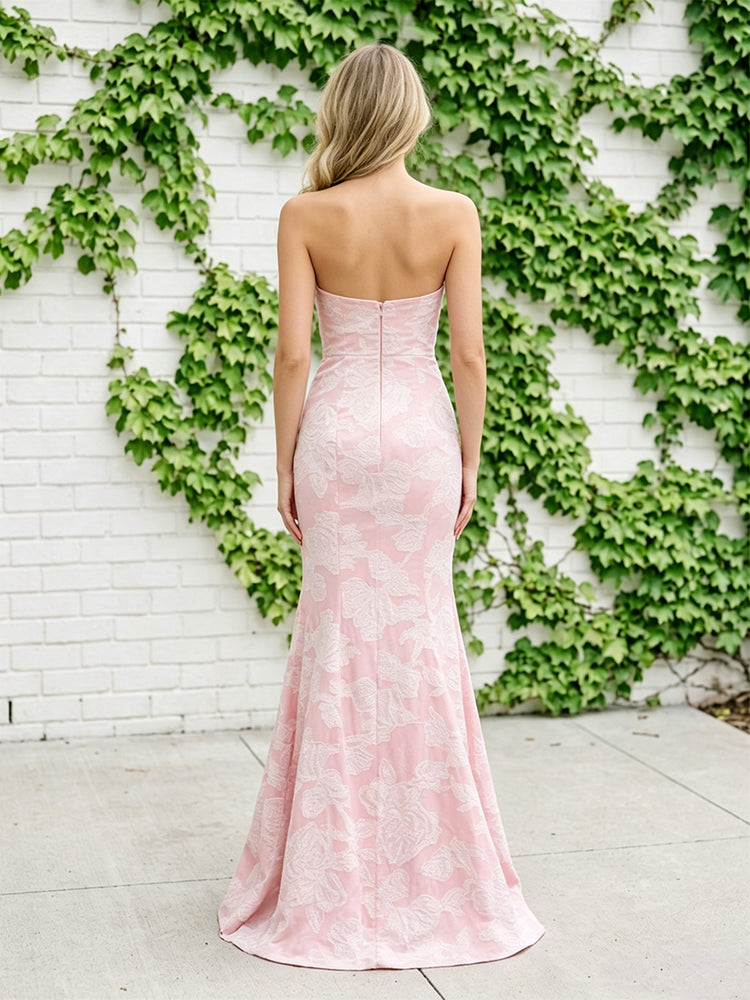 Jacquard Mermaid Strapless Long Evening Dresses with Bow