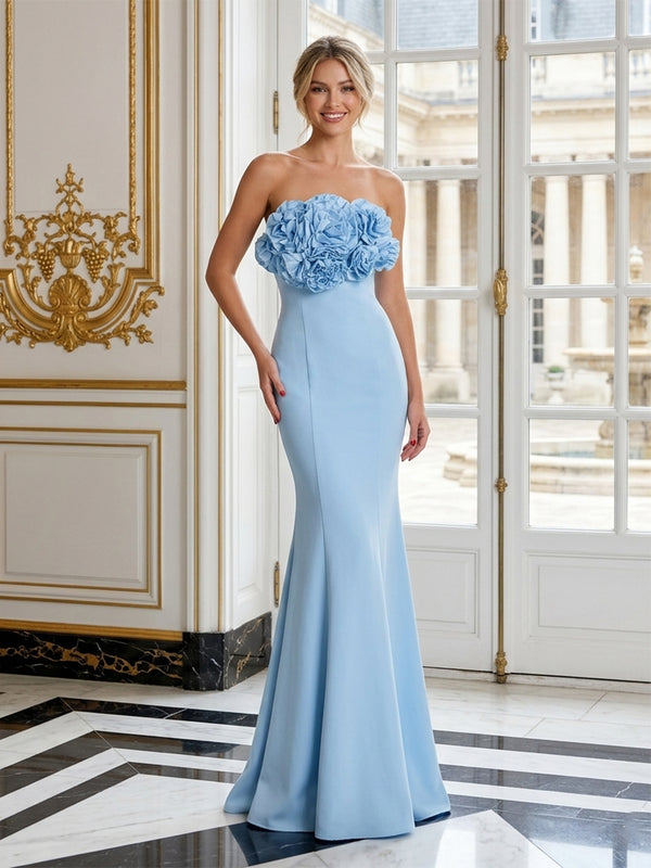 Jersey Mermaid Strapless Long Evening Dresses with 3D Flowers