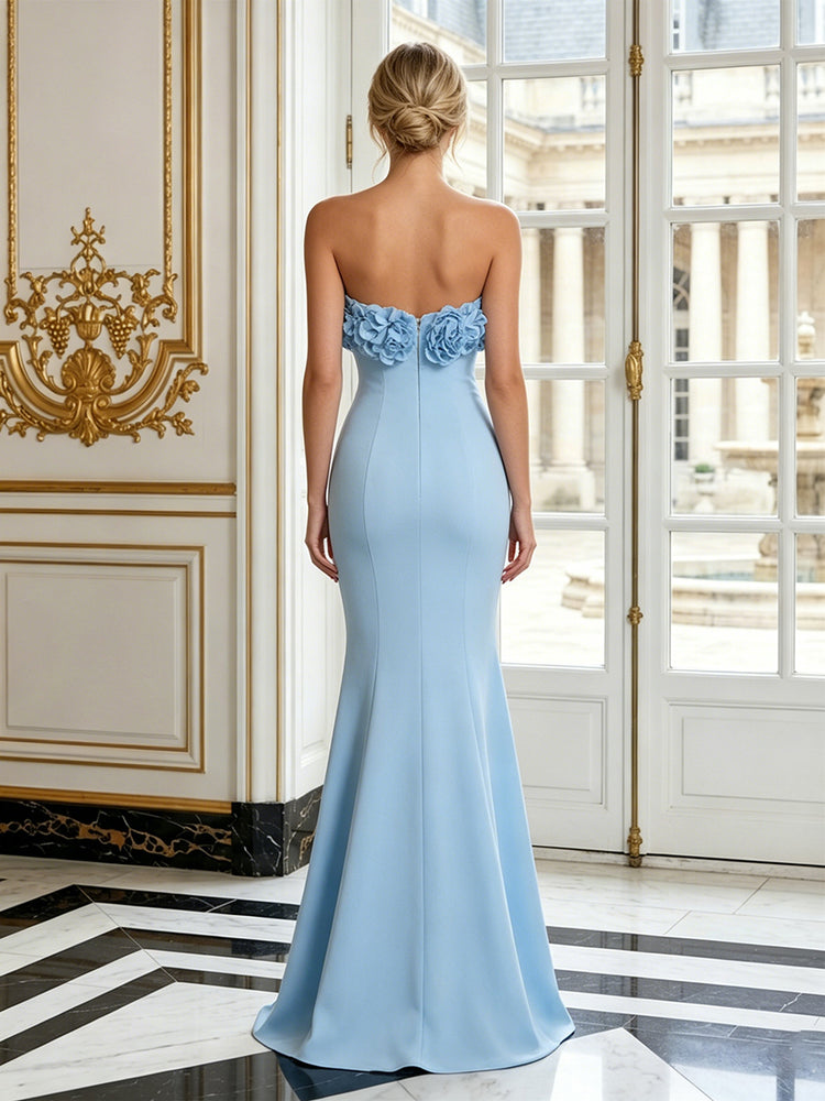 Jersey Mermaid Strapless Long Evening Dresses with 3D Flowers