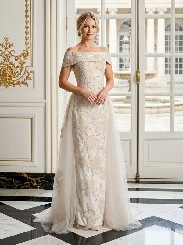 Tulle Sheath Off the Shoulder Long Evening Dresses with Floral Embroidery