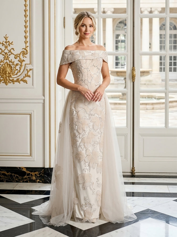 Tulle Sheath Off the Shoulder Long Evening Dresses with Floral Embroidery