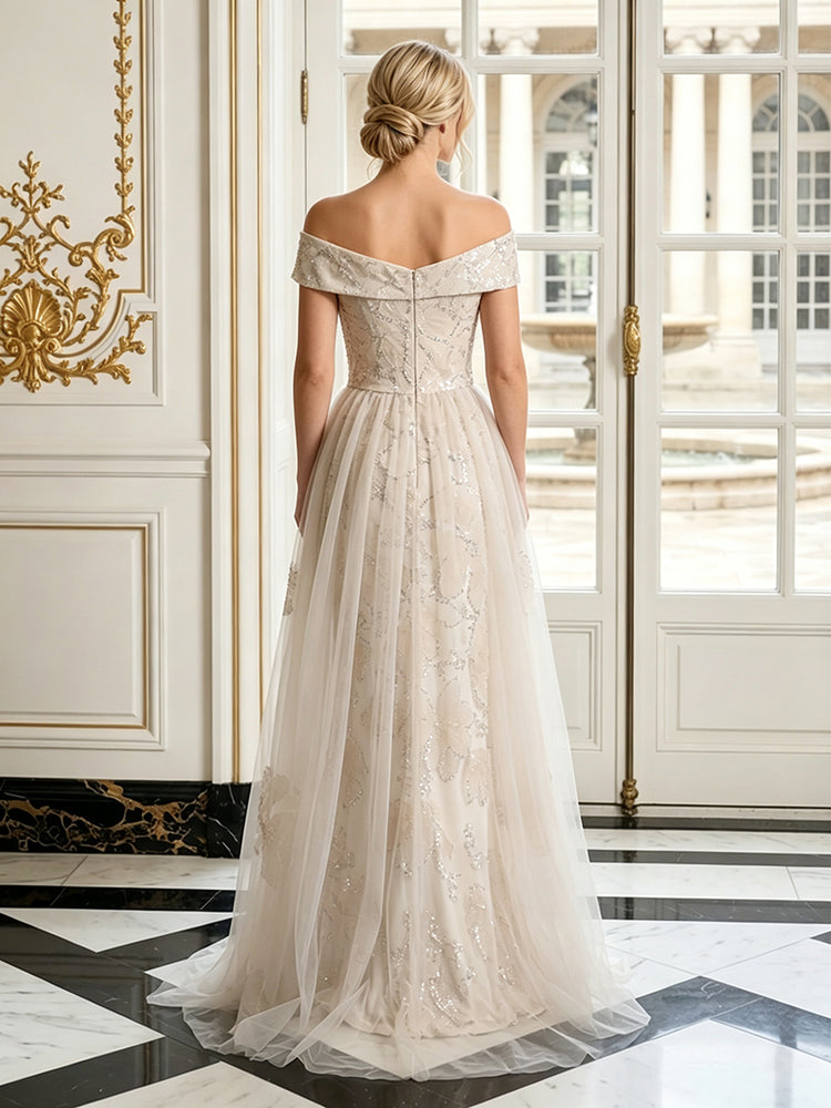 Tulle Sheath Off the Shoulder Long Evening Dresses with Floral Embroidery
