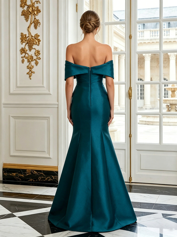 Satin Mermaid Off the Shoulder Long Evening Dresses with Beadings