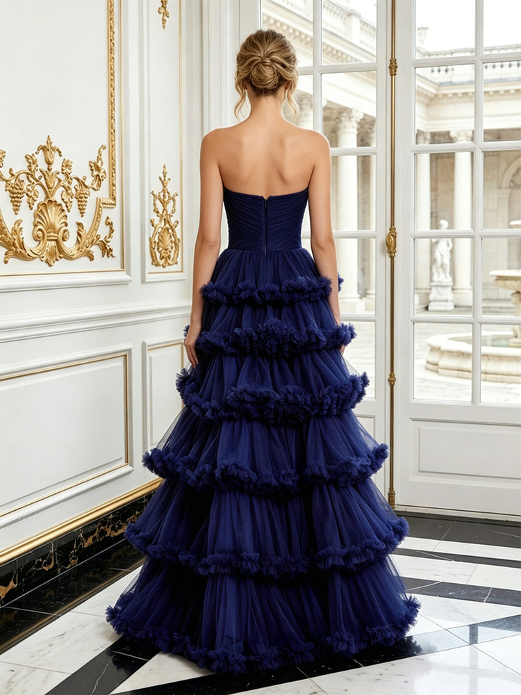 Tulle A-Line Sweetheart Long Evening Dresses with Tiered Ruffles