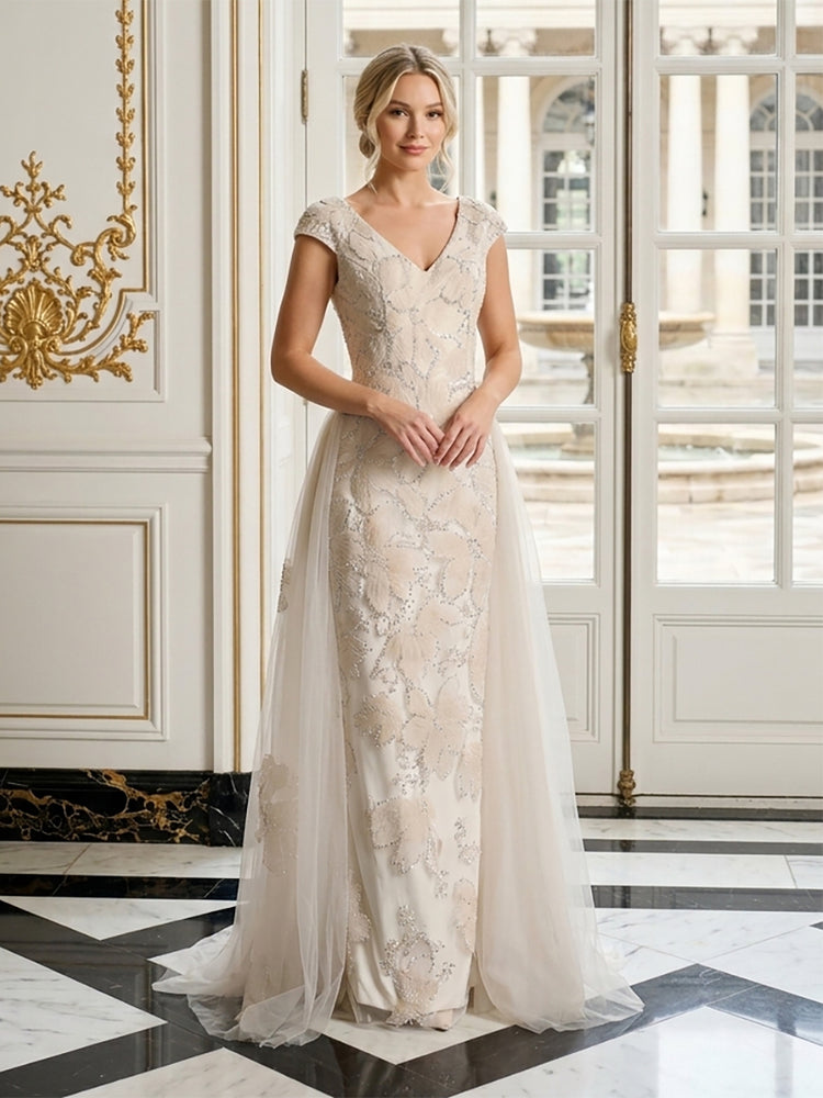 Tulle Sheath V Neck Long Evening Dresses with Floral Embroidery