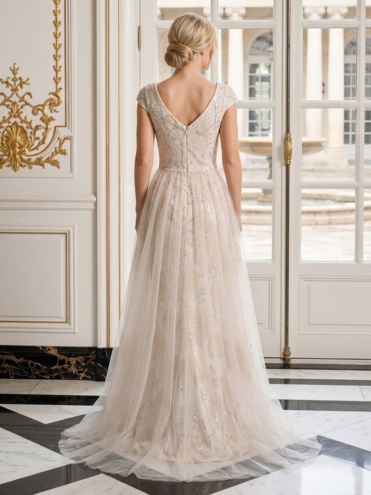 Tulle Sheath V Neck Long Evening Dresses with Floral Embroidery