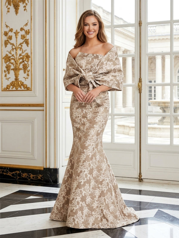 Jacquard Mermaid Strapless Long Evening Dresses with Cape