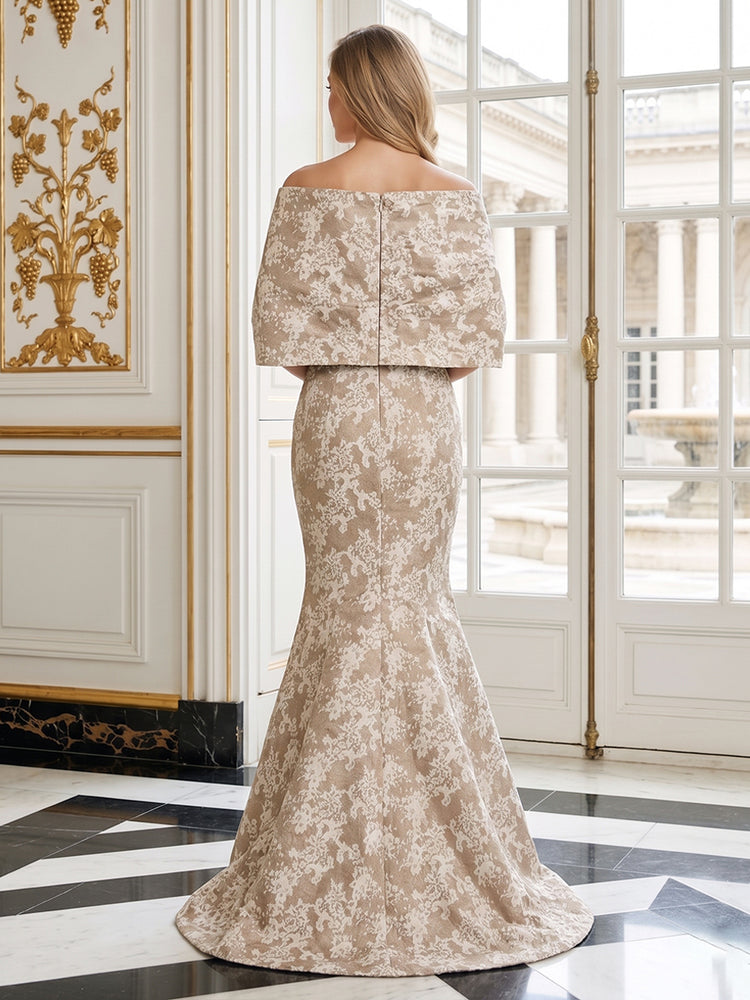 Jacquard Mermaid Strapless Long Evening Dresses with Cape