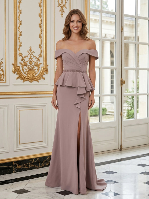 Crepe Mermaid Off the Shoulder Long Evening Dresses with Split Side