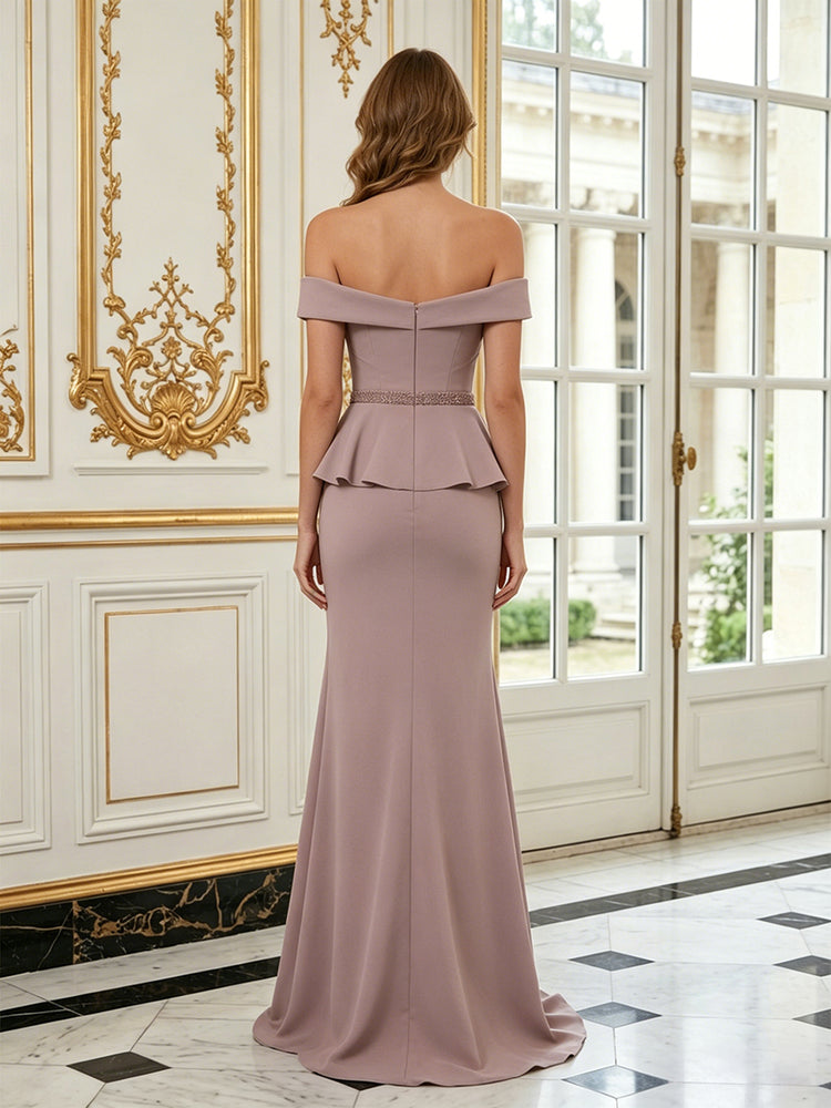 Crepe Mermaid Off the Shoulder Long Evening Dresses with Split Side