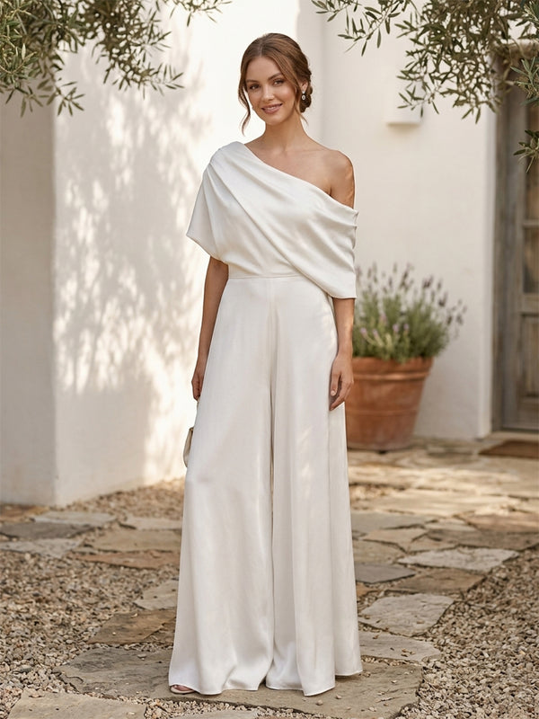 Satin Jumpsuit One Shoulder Long Ruched Evening Dresses