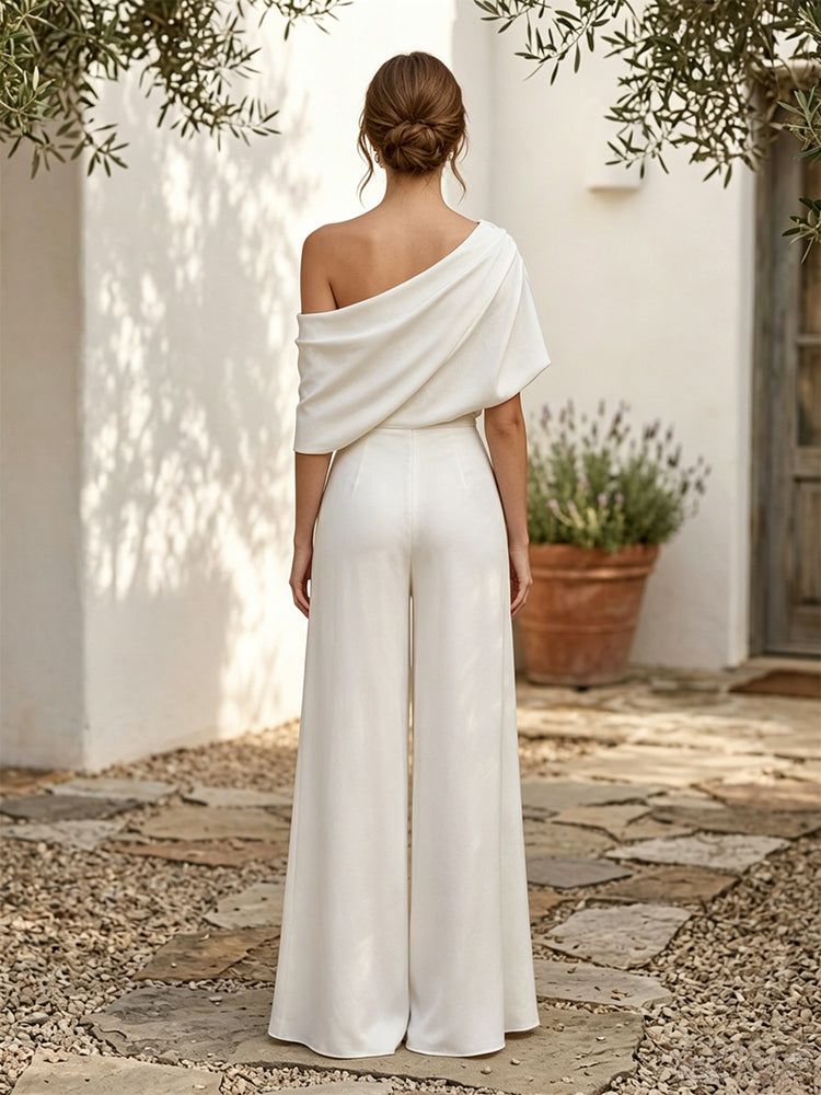 Satin Jumpsuit One Shoulder Long Ruched Evening Dresses