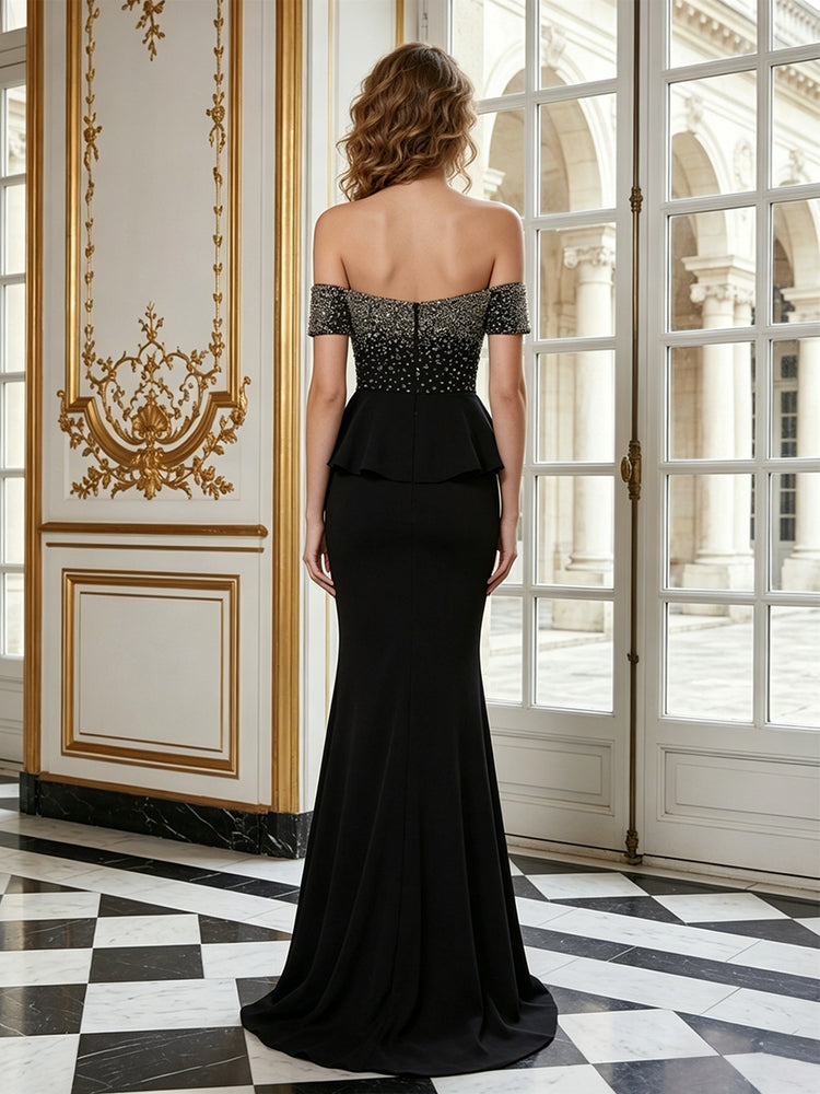 Satin Mermaid Off the Shoulder Long Evening Dresses with Rhinestone