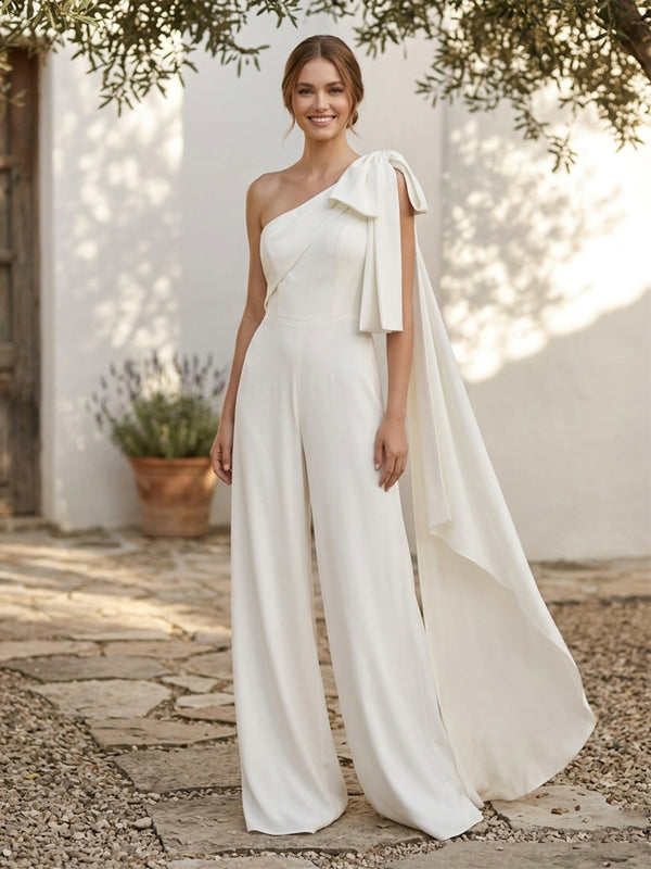 Satin Jumpsuit One Shoulder Long Evening Dresses with Bow