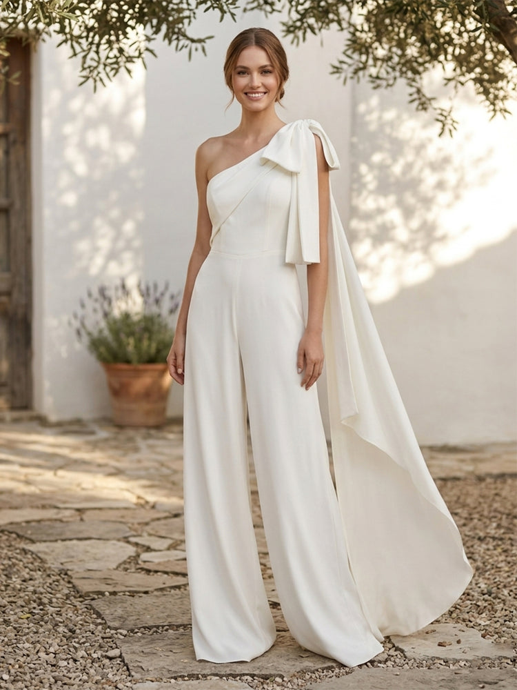 Satin Jumpsuit One Shoulder Long Evening Dresses with Bow