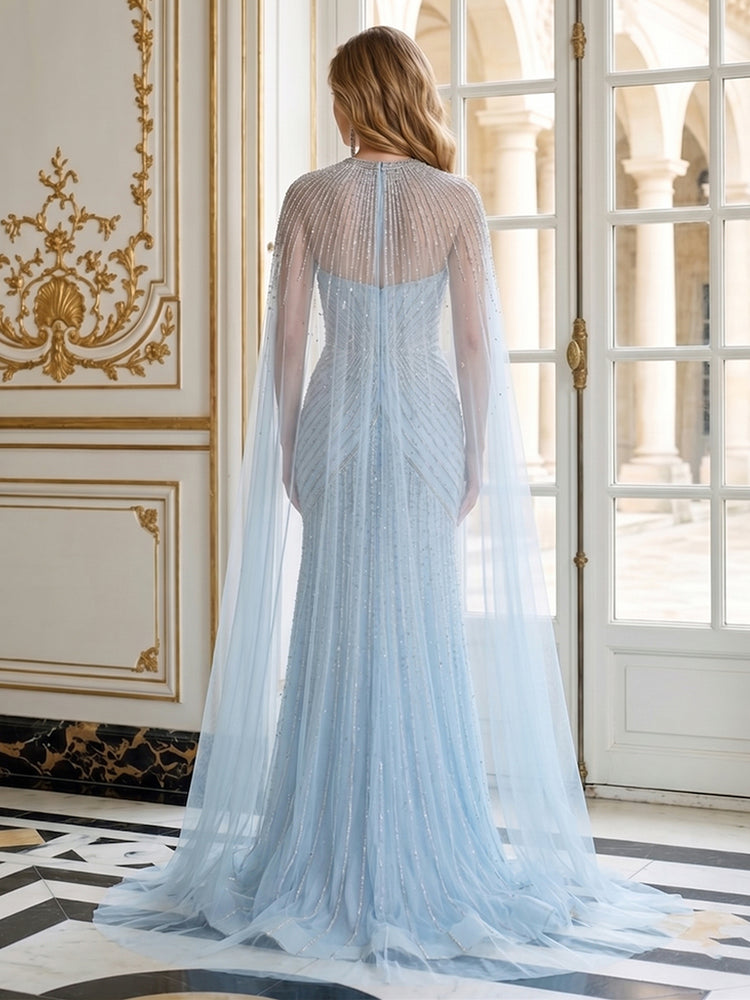 Tulle Mermaid Sweetheart Long Evening Dresses with Cape