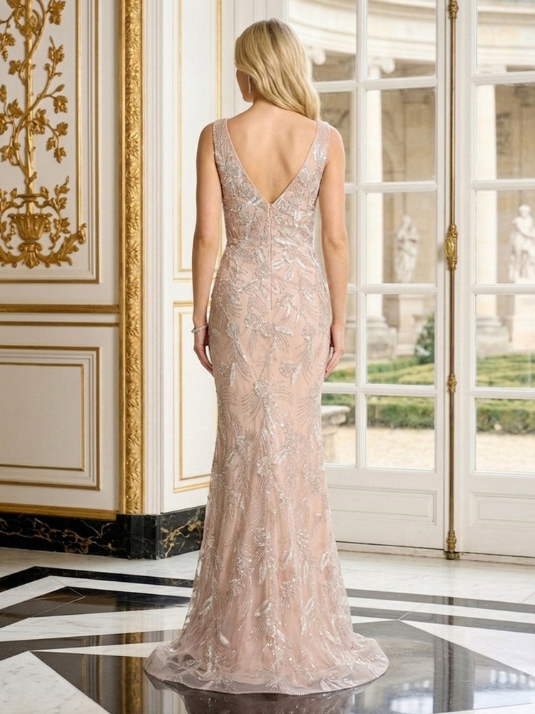 Tulle Mermaid V Neck Long Evening Dresses with Sequin Embroidery