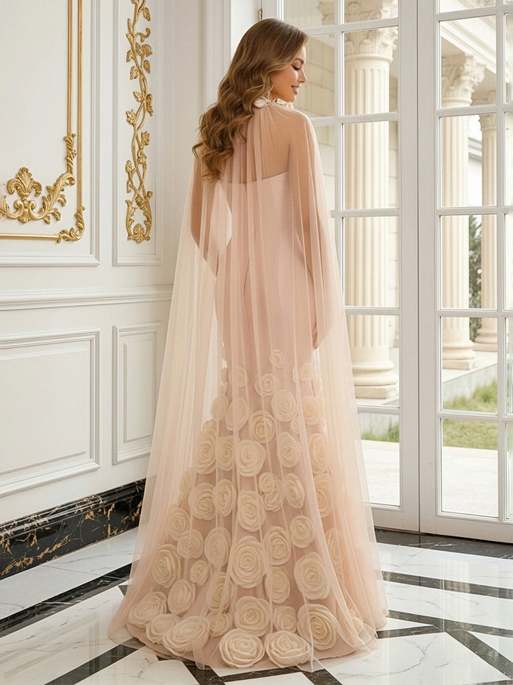 Satin Mermaid Strapless Long Evening Dresses with 3D Flowers
