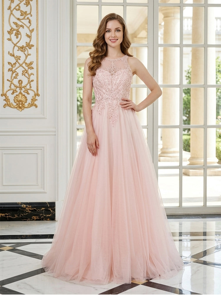 Tulle A-Line Scoop Neck Long Evening Dresses with Lace Applique