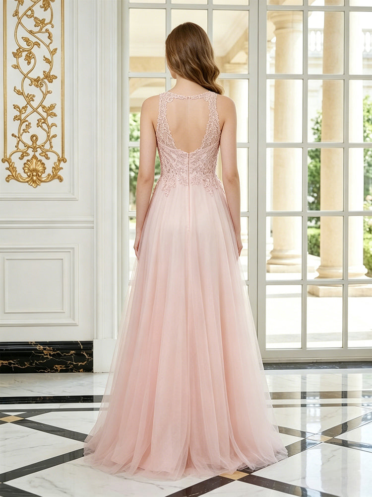 Tulle A-Line Scoop Neck Long Evening Dresses with Lace Applique