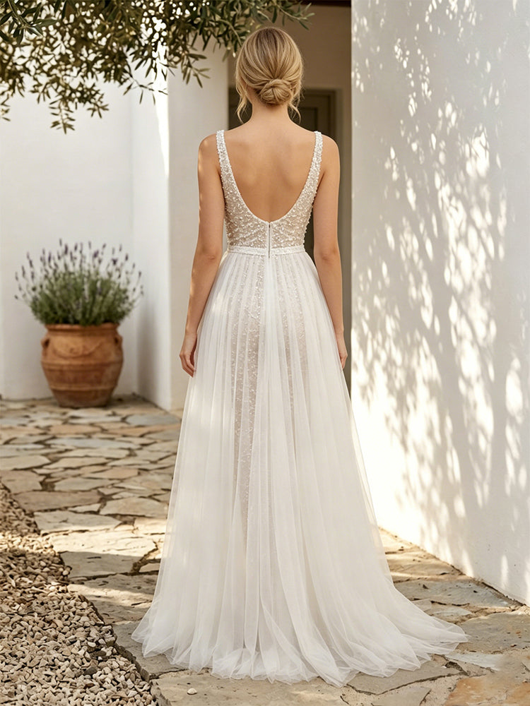 Tulle Jumpsuit V Neck Long Evening Dresses with Sash