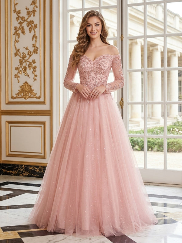 Tulle A-Line Off the Shoulder Long Evening Dresses with Beadings
