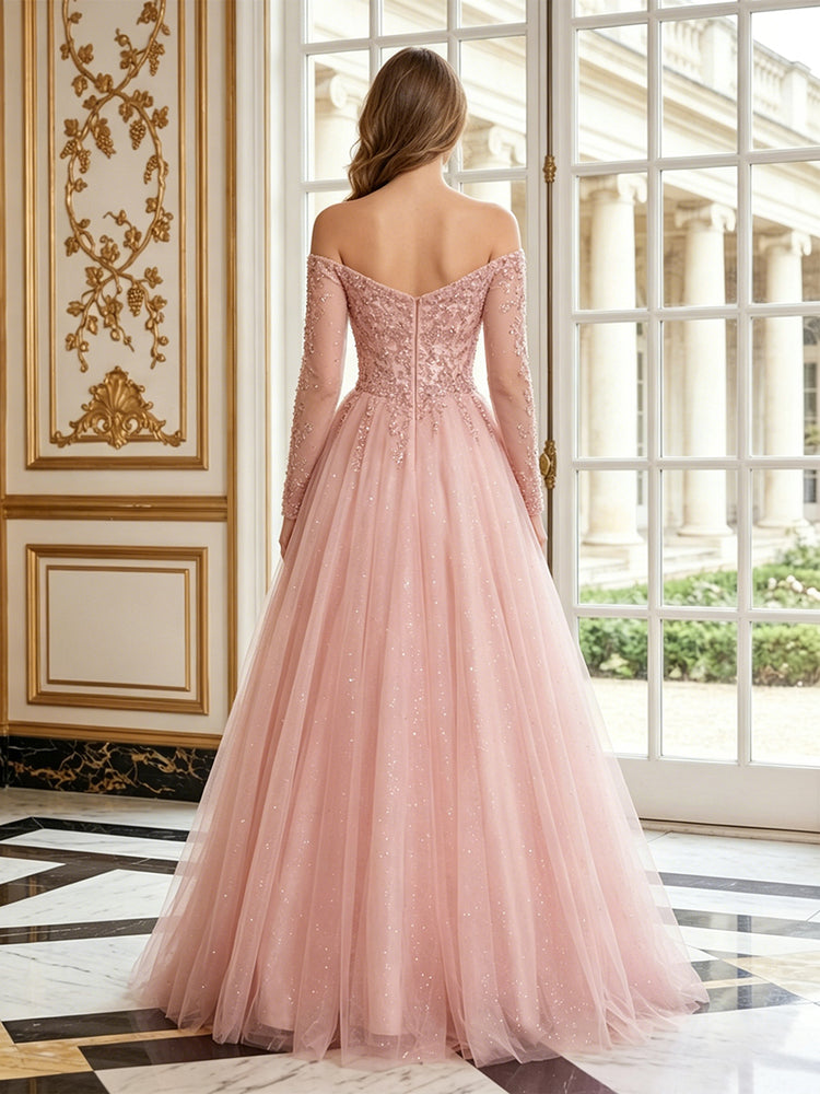 Tulle A-Line Off the Shoulder Long Evening Dresses with Beadings