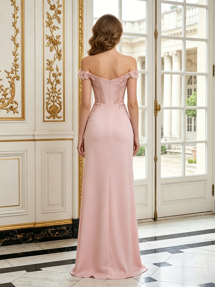 Satin Mermaid Off the Shoulder Long Evening Dresses with 3D Flowers