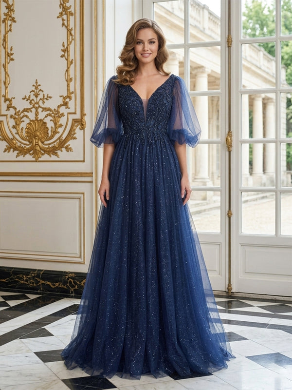Tulle A-Line V Neck Long Evening Dresses with Applique