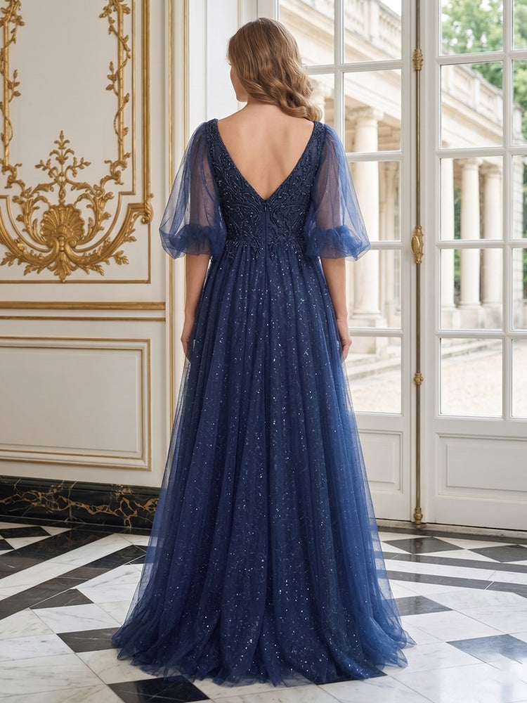 Tulle A-Line V Neck Long Evening Dresses with Applique